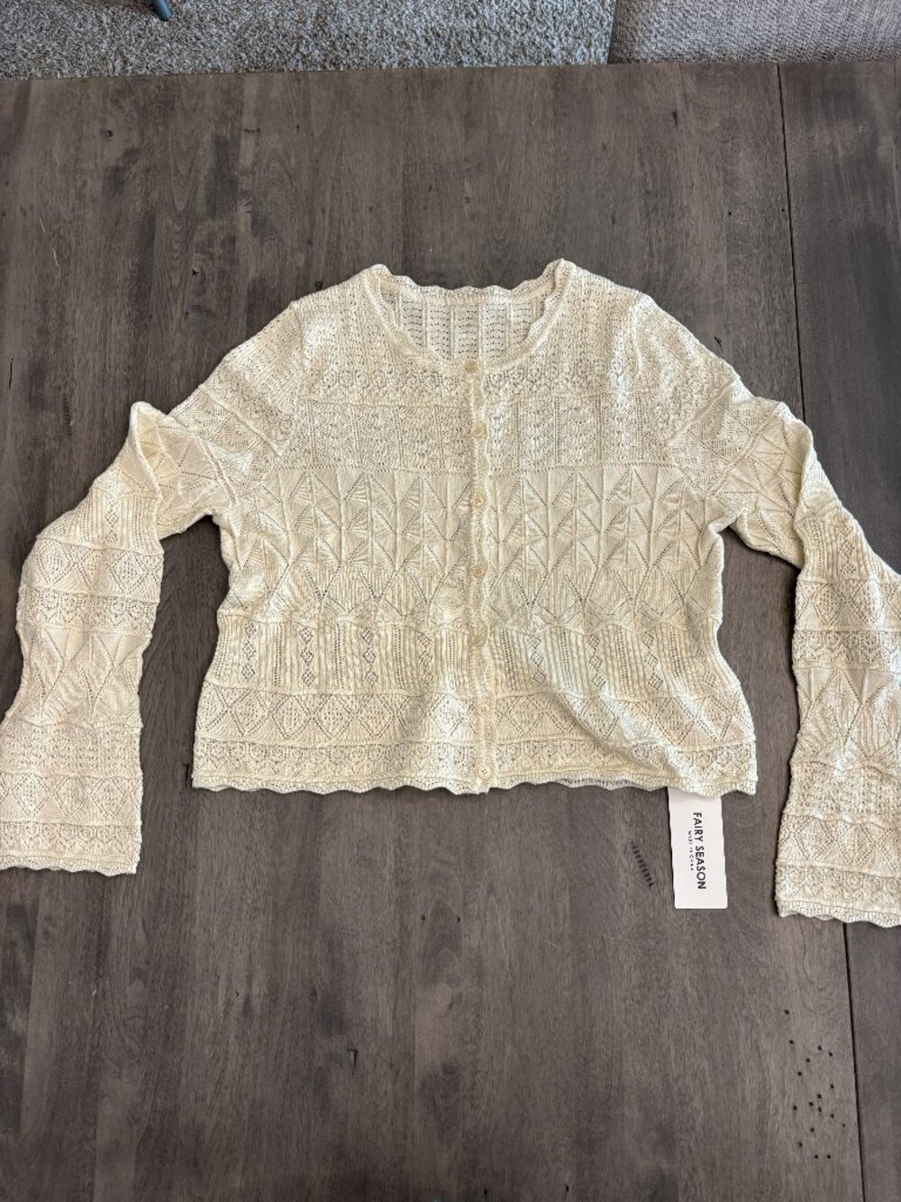 Women's crochet cropped cardigan with fluted sleeves (S)-NEW